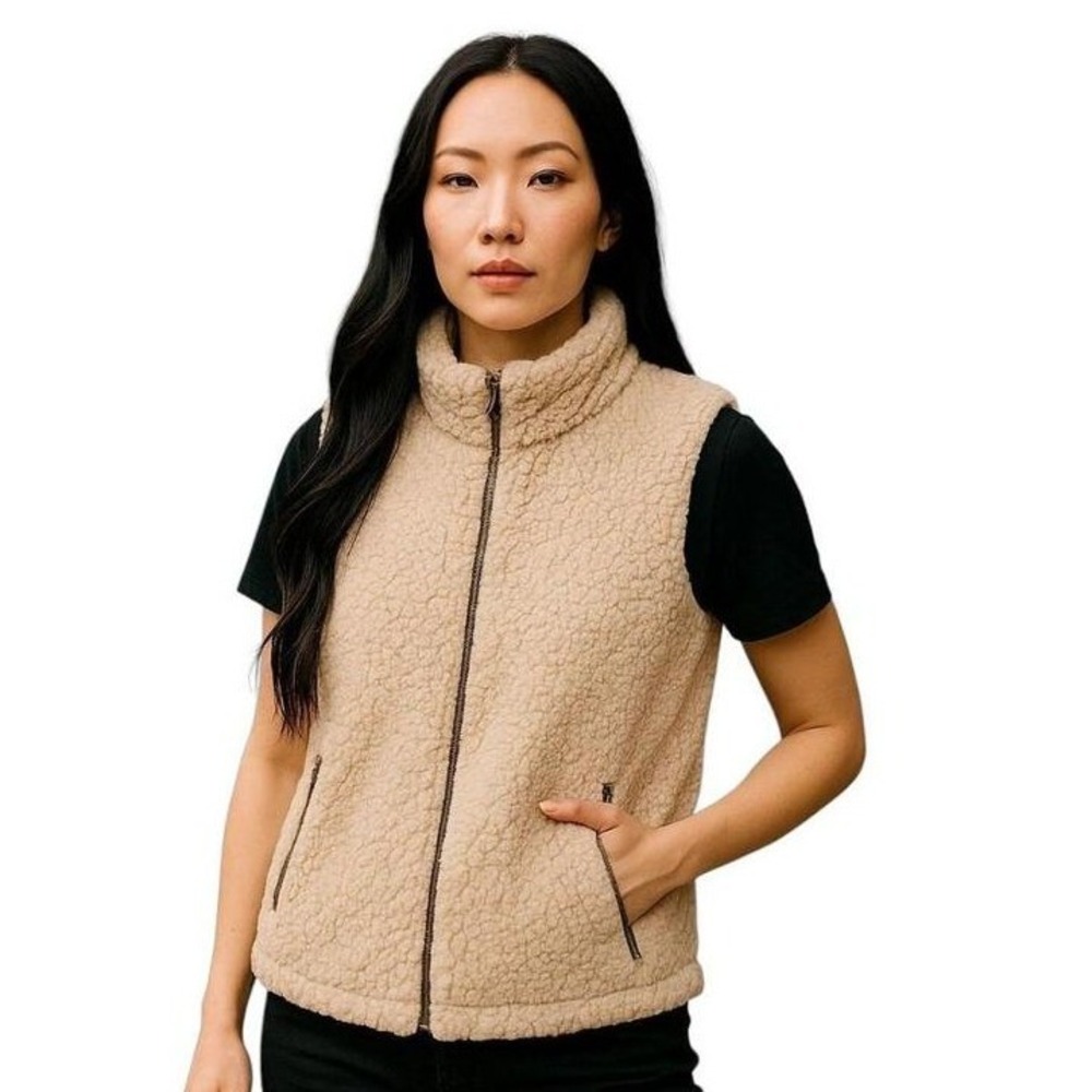 Love Tree Cream‎ Beige Sherpa Fleece Full Zip Stand Up Collar Cozy Vest Small